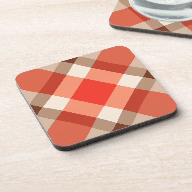 Large Modern Plaid, Coral Orange, Brown & Tan Coaster (Left Side)