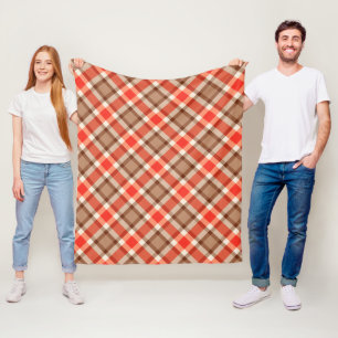 Large Modern Plaid, Coral Orange, Brown & Tan Fleece Blanket