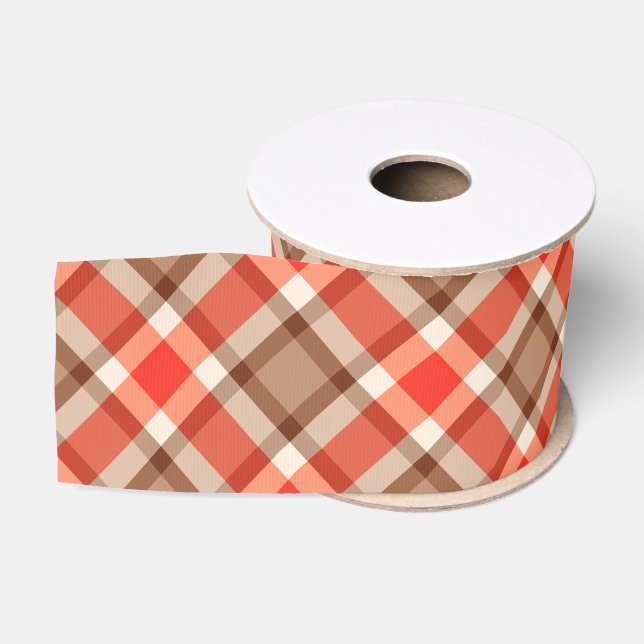 Large Modern Plaid, Coral Orange, Brown & Tan Grosgrain Ribbon (Spool)