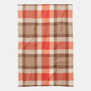 Large Modern Plaid, Coral Orange, Brown & Tan Kitchen Towel
