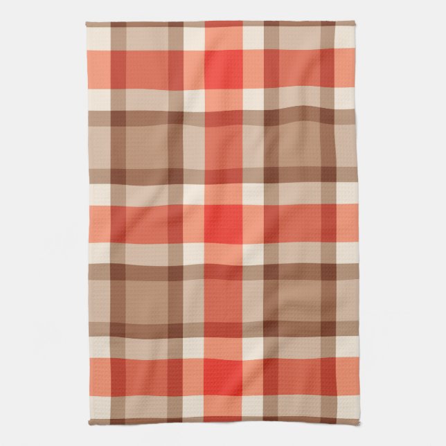 Large Modern Plaid, Coral Orange, Brown & Tan Kitchen Towel (Vertical)