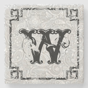 Large Monogram, Frame & Vintage Floral Paisley Stone Coaster