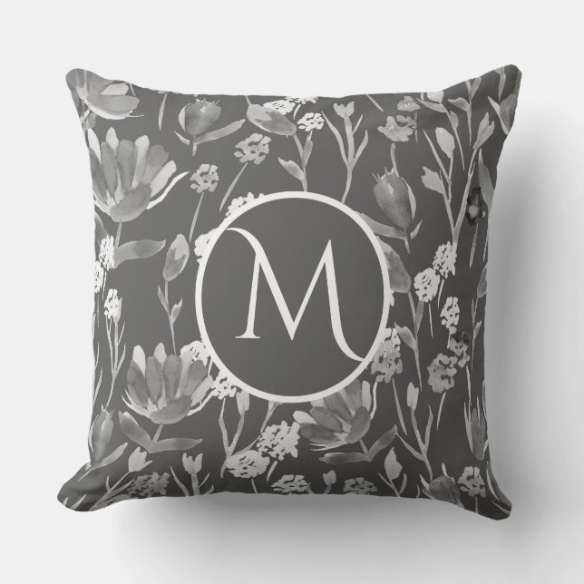 Large Monogram Initial Romantic Grey Floral  Throw Pillow (Front)