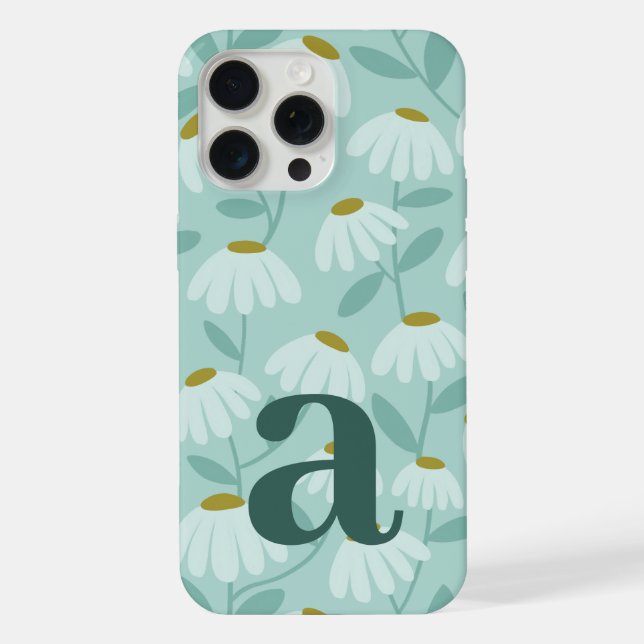 Large Monogram Letter Teal Blue Floral Pattern iPhone Case (Back)