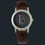 Large Monogram & Name, Lavender/White Text, Black Watch<br><div class="desc">Personalize this stylish and simple text design with your name in white and your large monogram in lavender on black background. Click “Edit Using Design Tool” to change colours and type styles.</div>