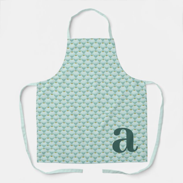 Large Monogram Teal Blue Vintage Floral Pattern Apron (Front)