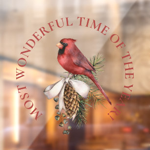 LARGE-Most Wonderful Time, Red Cardinal Christmas Window Cling