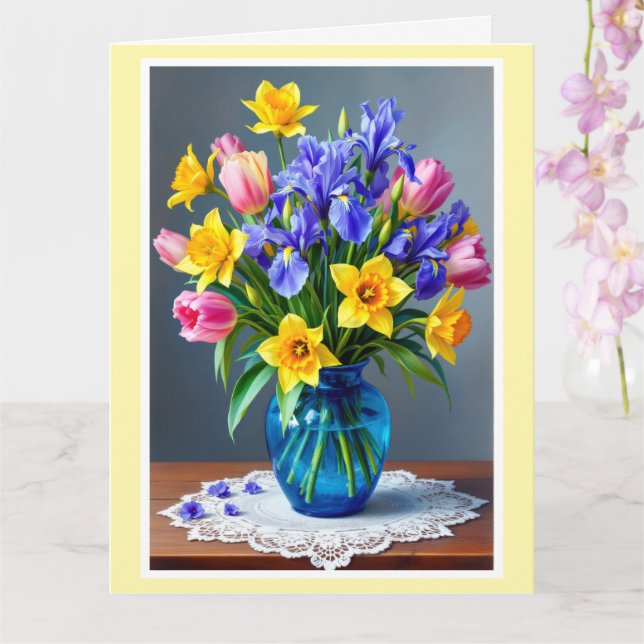 Large Mother's Day Bouquet of Daffodils & Tulips Card (Orchid)