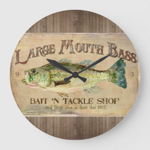 Large Mouth Bass Fisherman Cabin Wood Boards Clock