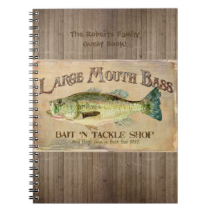 Large Mouth Bass Fisherman Cabin Wood Boards Notebook