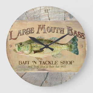 Large Mouth Bass Lakeside Fishing Cabin Wood Clock