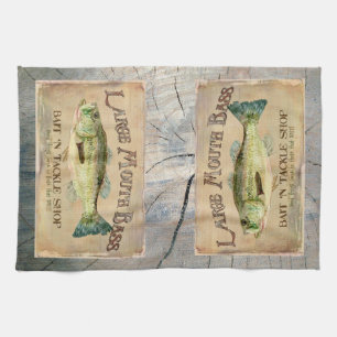 Large Mouth Bass Lakeside Fishing Cabin Wood Kitchen Towel
