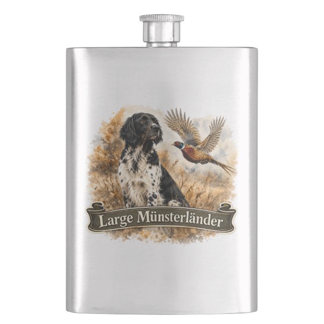 Large Münsterländer with  Pheasant Hip Flask (Front)