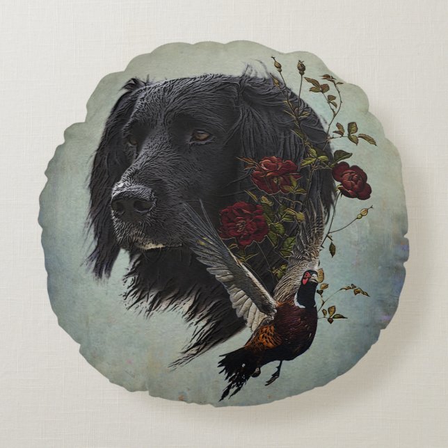 Large Munsterlander with pheasant     Round Pillow (Front)