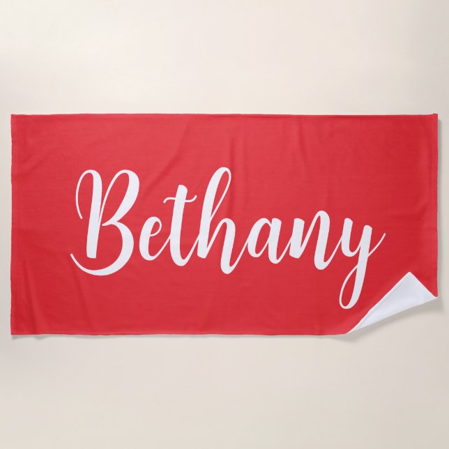 Large Name in White on Dark Deep Red Beach Towel (Front)