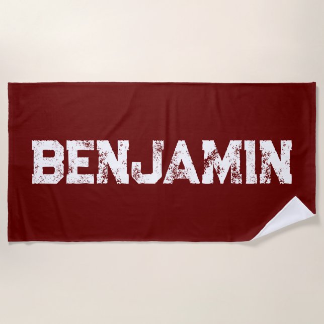 Large Name in White on Dark Rd Maroon Beach Towel (Front)