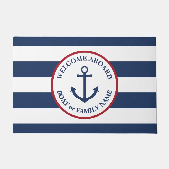 Large nautical navy striped welcome aboard doormat (Front)