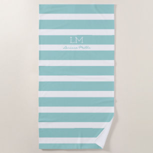large nautical turquoise blue stripes monogrammed beach towel