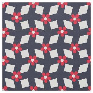 Large Navy Abstract Floral Grid - Cotton Twill Fabric