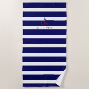 large navy blue stripes nautical with monogram beach towel