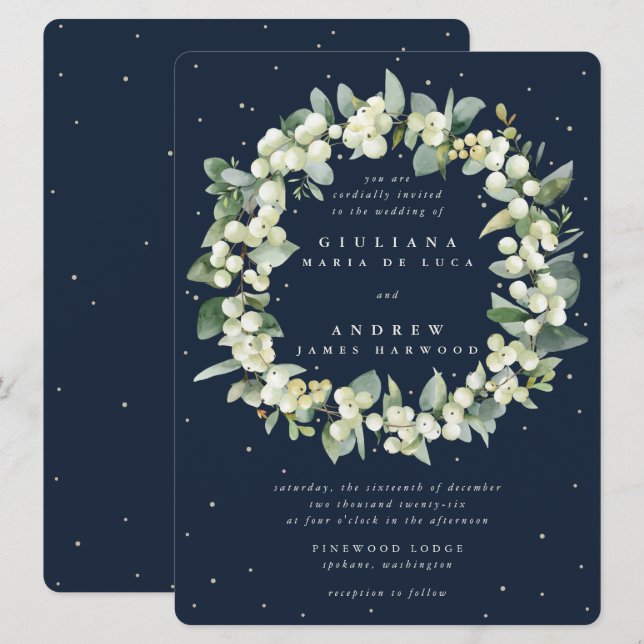 Large Navy Snowberry+Eucalyptus Wreath Wedding Invitation (Front/Back)