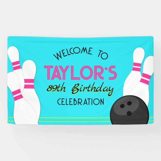 Large Neon Teal Blue Bowling Birthday Banner (Horizontal)