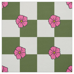 Large Olive Pink Floral Chequerboard Twill Fabric