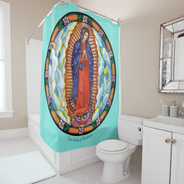 Large Our Lady of Guadalupe White Shower Curtain (In Situ)