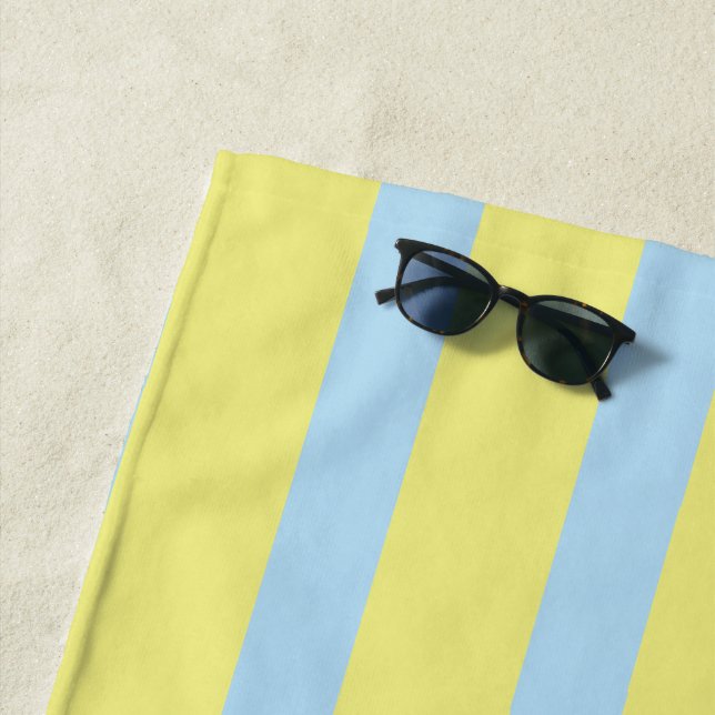 large pale blue yellow stripes monogrammed beach towel (In Situ)