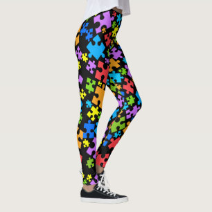 Large Pastel Color Autism Puzzle Pieces on BLACK Leggings