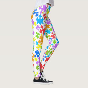 Large Pastel Colour Autism Puzzle Pieces on WHITE Leggings