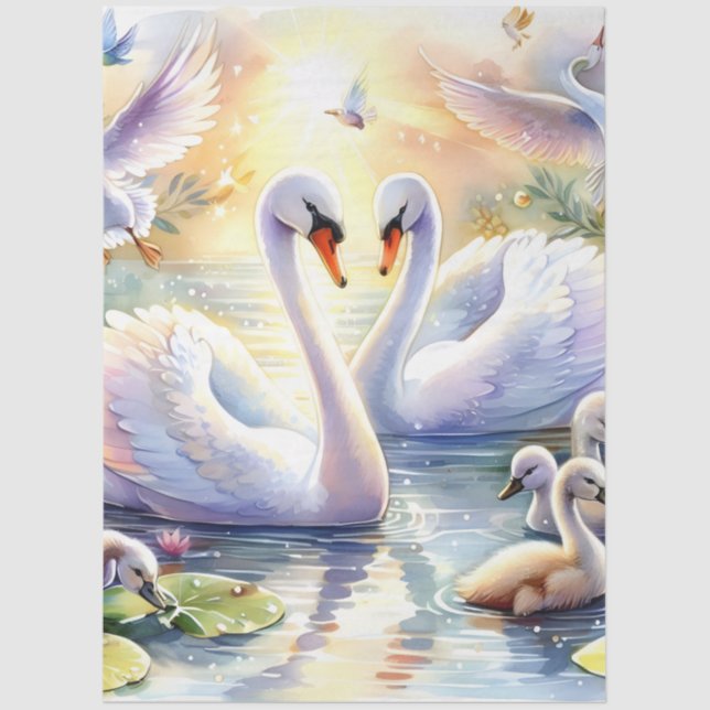 Large Pastel Watercolor Scenic Swans  Decoupage Tissue Paper (Front)
