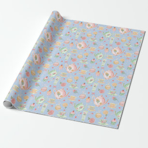 Large Pastel Watercolor Teapots on Blue Wrapping Paper