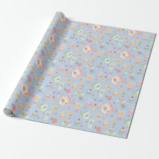 Large Pastel Watercolor Teapots on Blue Wrapping Paper