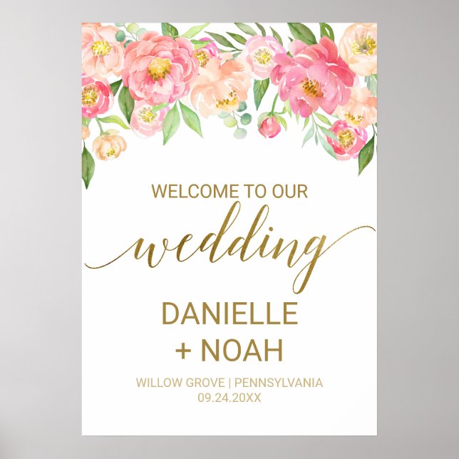 Large Peach and Pink Peony Flowers Wedding Welcome Poster (Front)