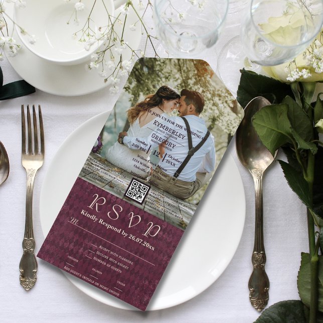 Large Photo Burgundy Diamond Pattern QR Code All In One Invitation (Creator Uploaded)