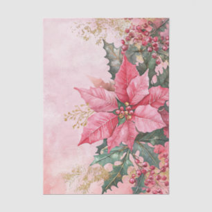 Large Pink and Gold Poinsettia Art w/ Berries Tissue Paper