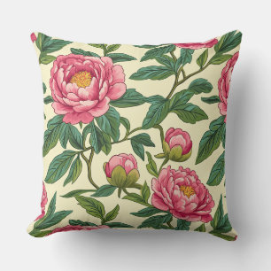Large Pink and Green Chinoiserie Peony Floral Throw Pillow