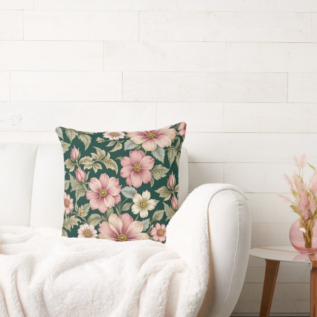 Large Pink and White Country Roses Throw Pillow (Couch)