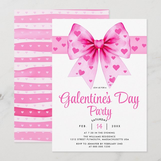 Large pink bow and hearts Galentine's Day party    Invitation (Front/Back)