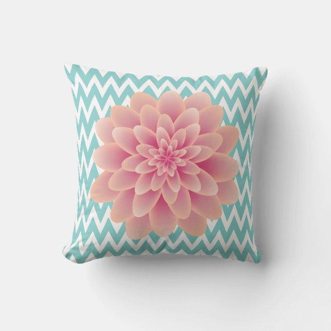 Large Pink Chrysanthemum and Turquoise Chevron Throw Pillow (Front)