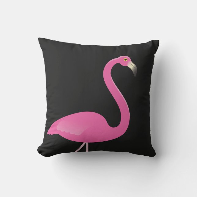 Large Pink Flamingo on Black Outdoor Pillow (Front)