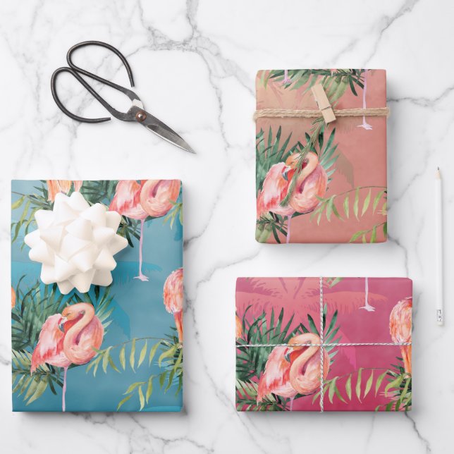 Large Pink Flamingoes In Tropical Palm Paradise  Wrapping Paper Sheet (Front)