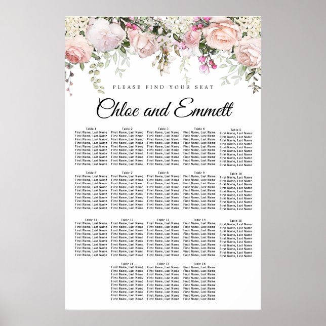 Large Pink Floral 18-Table Wedding Seating Chart (Front)