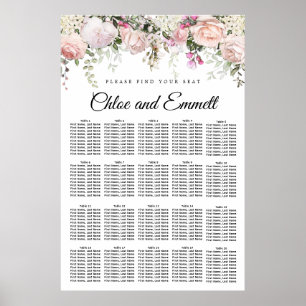 Large Pink Floral 20-Table Wedding Seating Chart