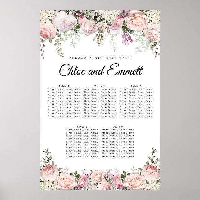Large Pink Floral 5-Table Wedding Seating Chart (Front)