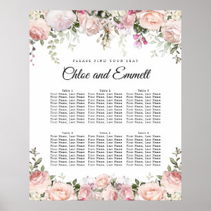 Large Pink Floral 6-Table Wedding Seating Chart