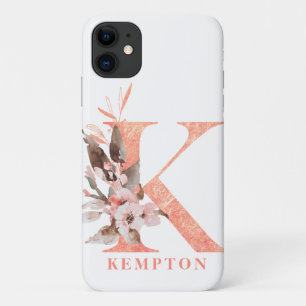 Large Pink Floral Monogram N Name Personalization iPhone 11 Case