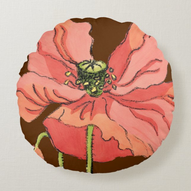 Large Pink Flower with Deep Red Background Round Pillow (Front)