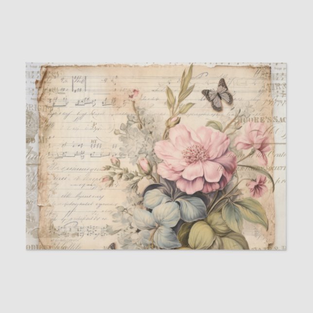 Large Pink Flowers and Buds Butterfly Script Tissue Paper (Front)